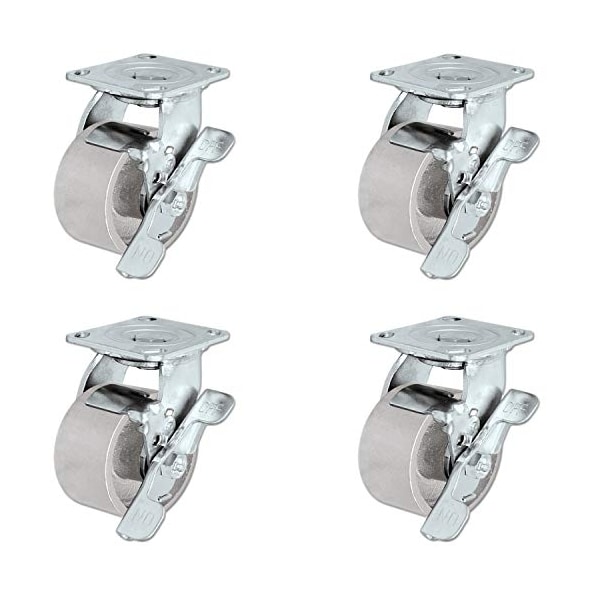 4"x2" Steel Casters, 4 Swivel Casters W/Brakes, 2,800 lbs, PK4